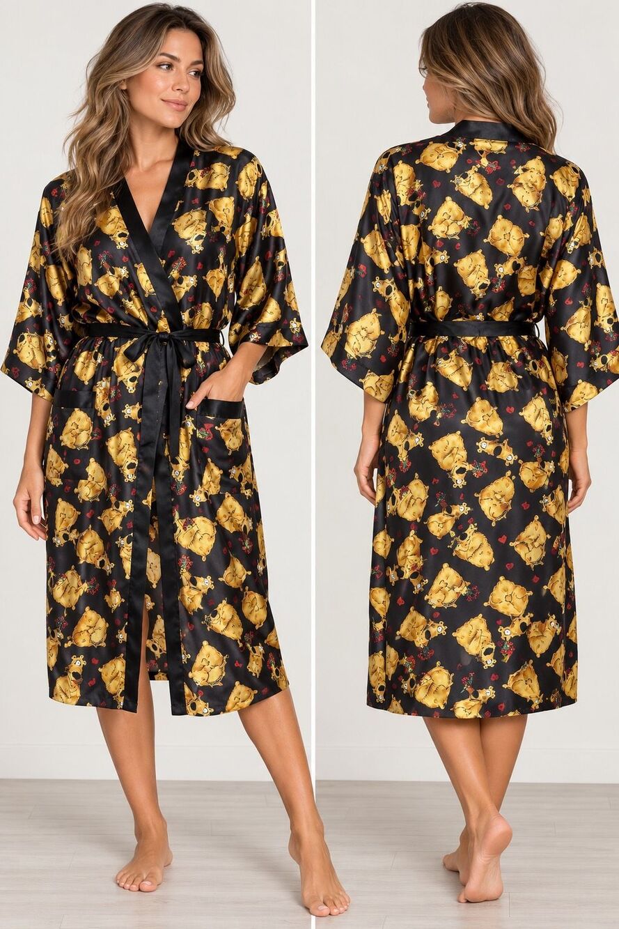 Oxygen Australian Made Black Gold Dog Print Satin Kimono Robe Women Size XL